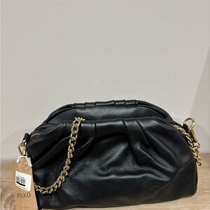 Black Leather Shoulder Bag with Gold Chain